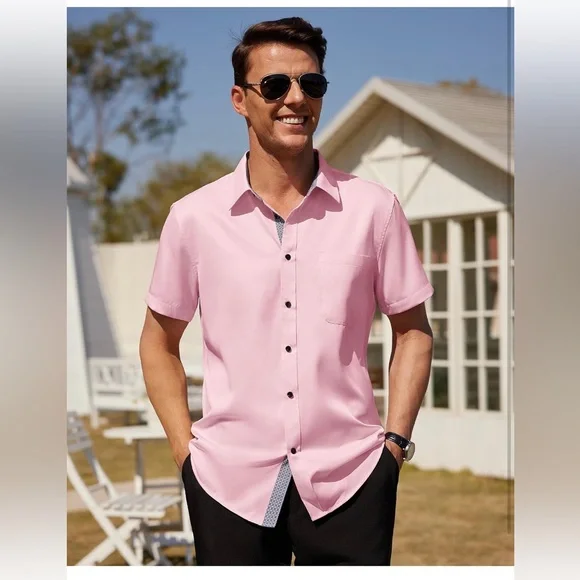 Men's Short Sleeve Dress Shirt Stretch Wrinkle Free Button Down Pink Medium - Picture 2 of 5